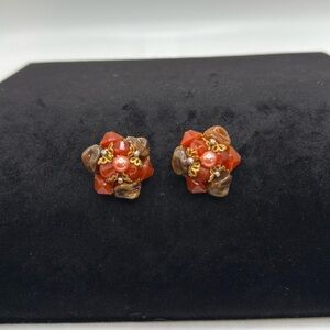 Vintage W Germany Red Glass Cluster Clip-On Earrings | Mid-Century